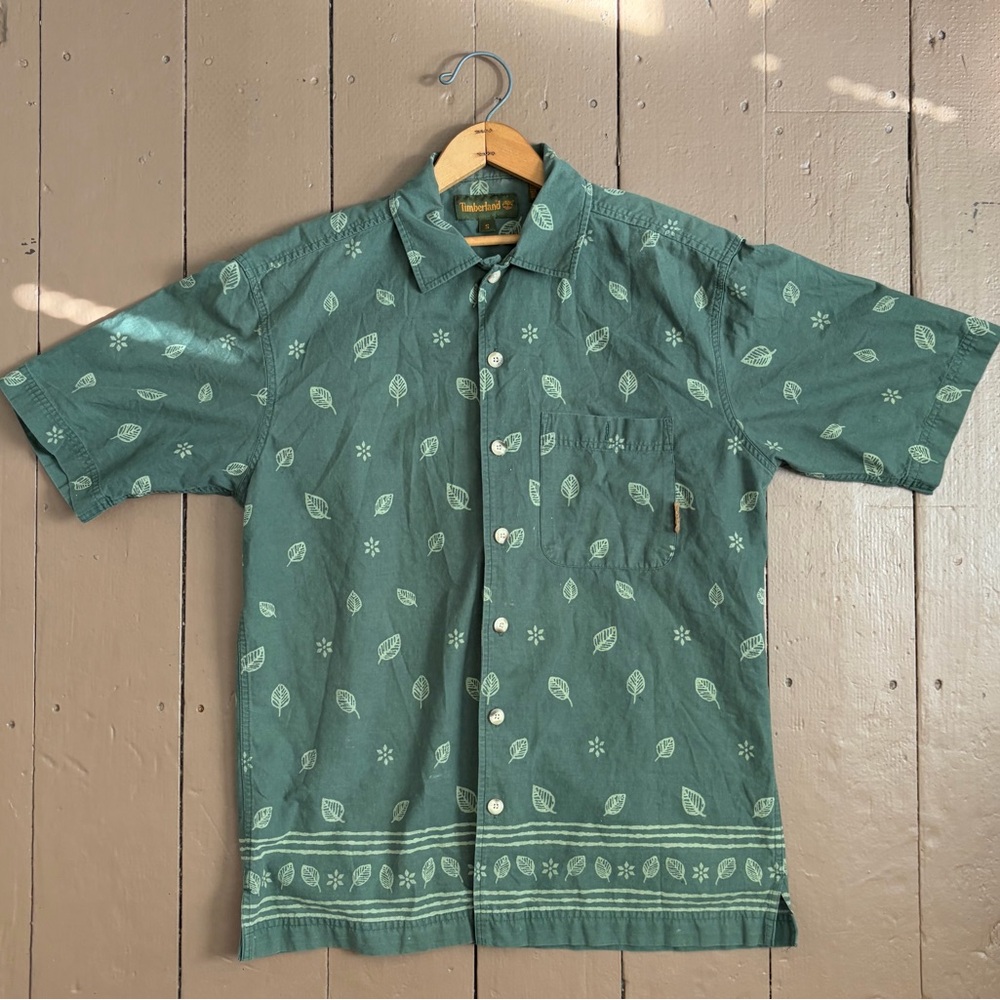 Timberland Green Leaf-Print Short Sleeve Button-Down Shirt